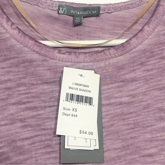 NWT Democracy Wit & Wisdom Mineral Wash Mauve Shadow Flutter Trim Top - Picture 7 of 7